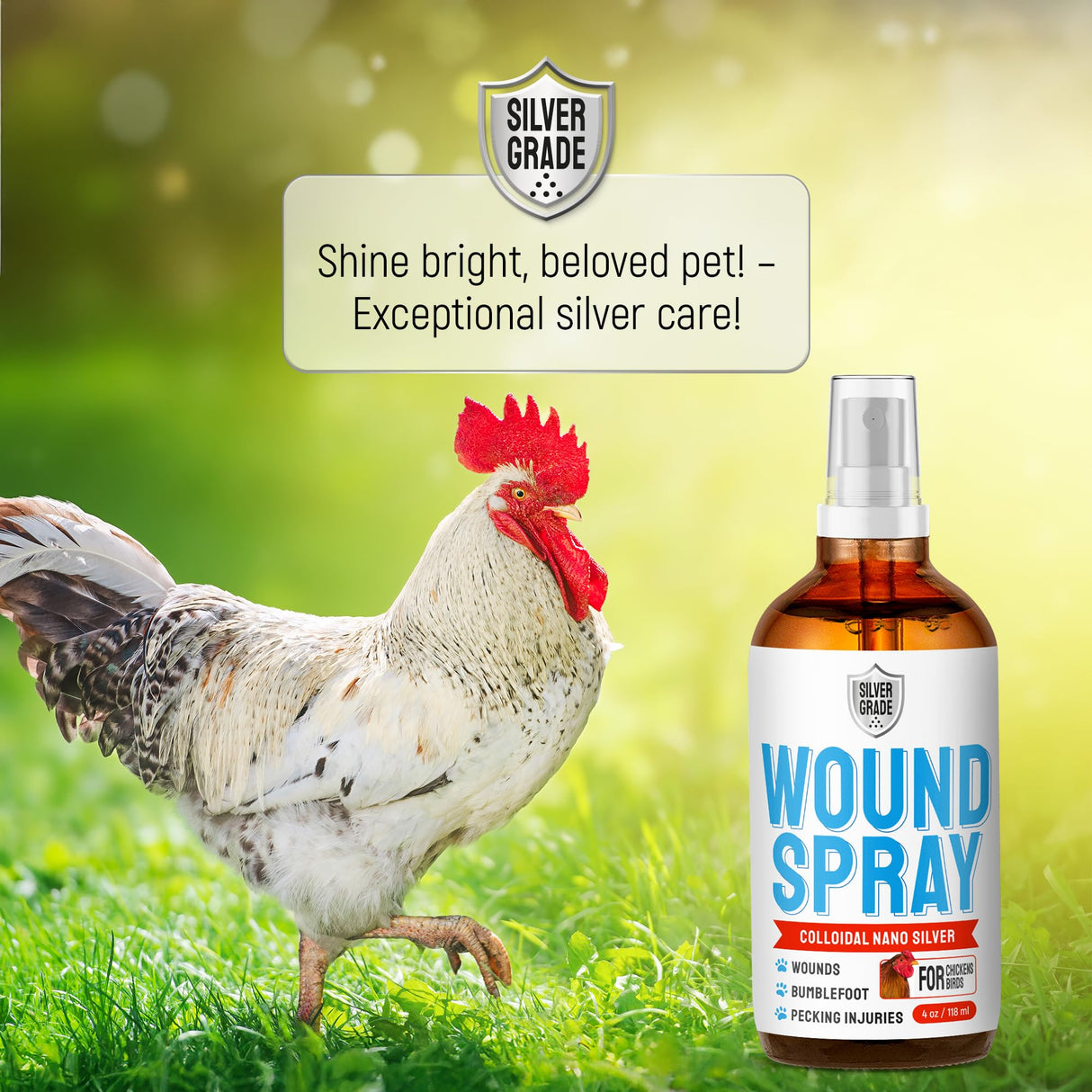 SILVER GRADE Wound Spray for Chicken from Birds & Chicken Antibiotics Alternative to Help with Pecking Sores, Bumblefoot, Cuts – Poultry Spray with Silver – GMOs Free – 4-Oz Bottle