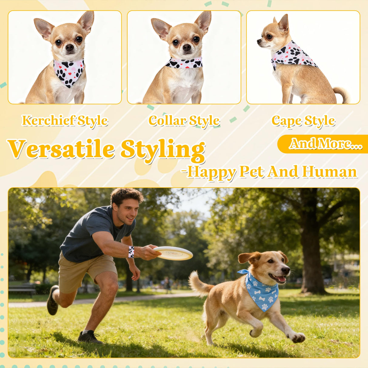 Cresue 100 Pcs Funny Dog Bandanas Bulk Cute Pet Scarves Paw and Bone Print Adjustable Bibs for X-M-L Dogs Washable Daily Puppy Kerchief for Groomers Shelters