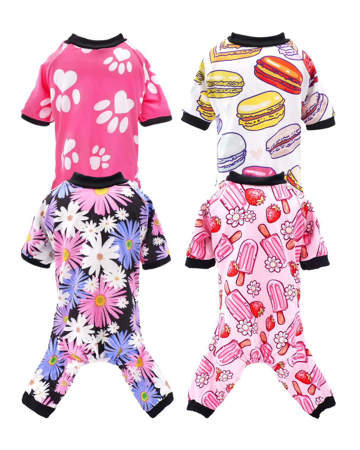 PET SHOW 4 Pack Dog Pajamas for Medium Large Dogs Girl Soft Stretchy PJs Paw Floral Jumpsuit Dog Doughnut Ice Cream Onesies Outfits with Sleeve Pets Breathable Summer Clothes Costume XXL