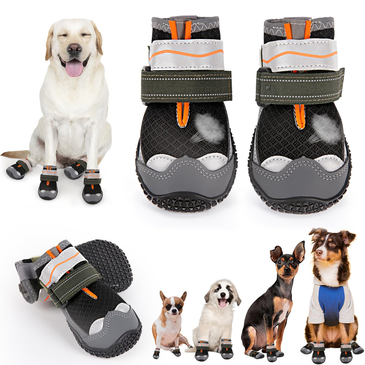 TEWIWAP Dog Shoes for Large Small Medium Dogs, Breathable Dog Booties for Outdoor Walking Hiking Anti-Slip Dog Boots Paw Protectors with Reflective Straps for Hardwood Floor Winter Snow Size 4