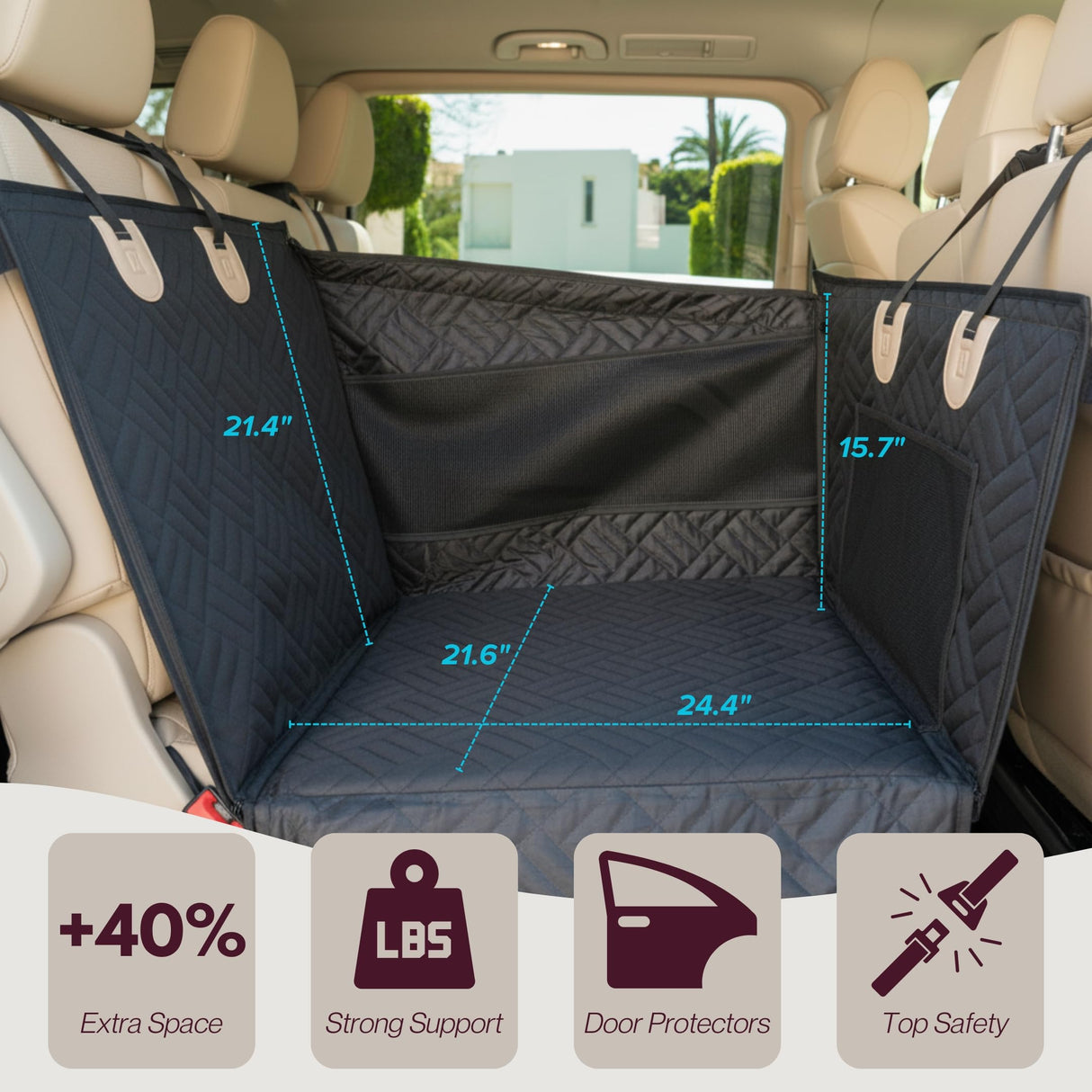 Dog Car Seat Cover with Hard Bottom – Back Seat Extender for Small & Medium Dogs, Waterproof & Non-Slip Hammock, Reinforced & Stable Design with Storage Pockets for Cars, SUVs & Trucks (Black)