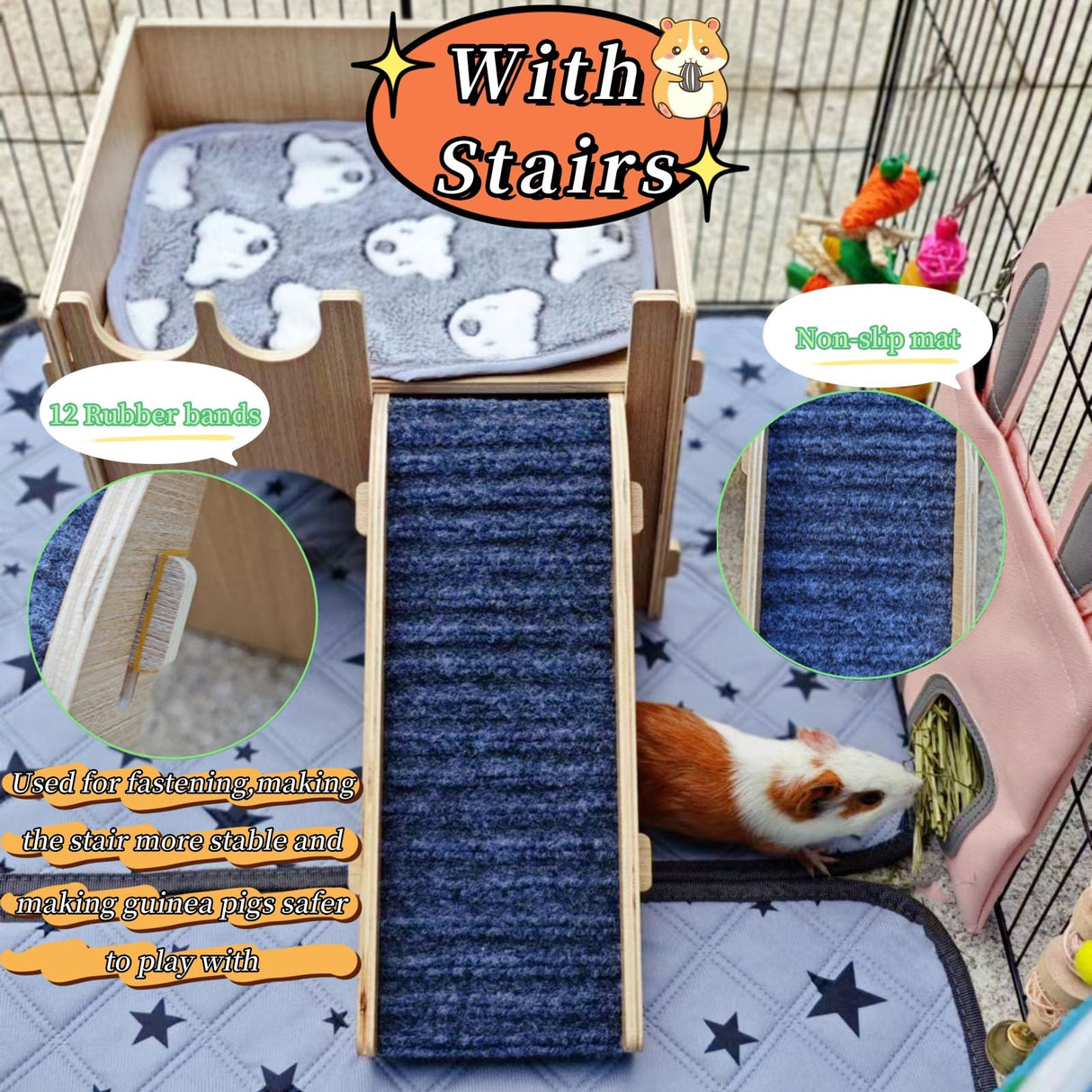 Guinea Pig Hideout, Small Animals House with | Mat Ramp | Cave | Blanket | Toy |, Wooden Detachable Castle for Guinea Pig Cages Accessories, Bed Hut Habitats for Hamster Bunny Playing Sleeping Hiding