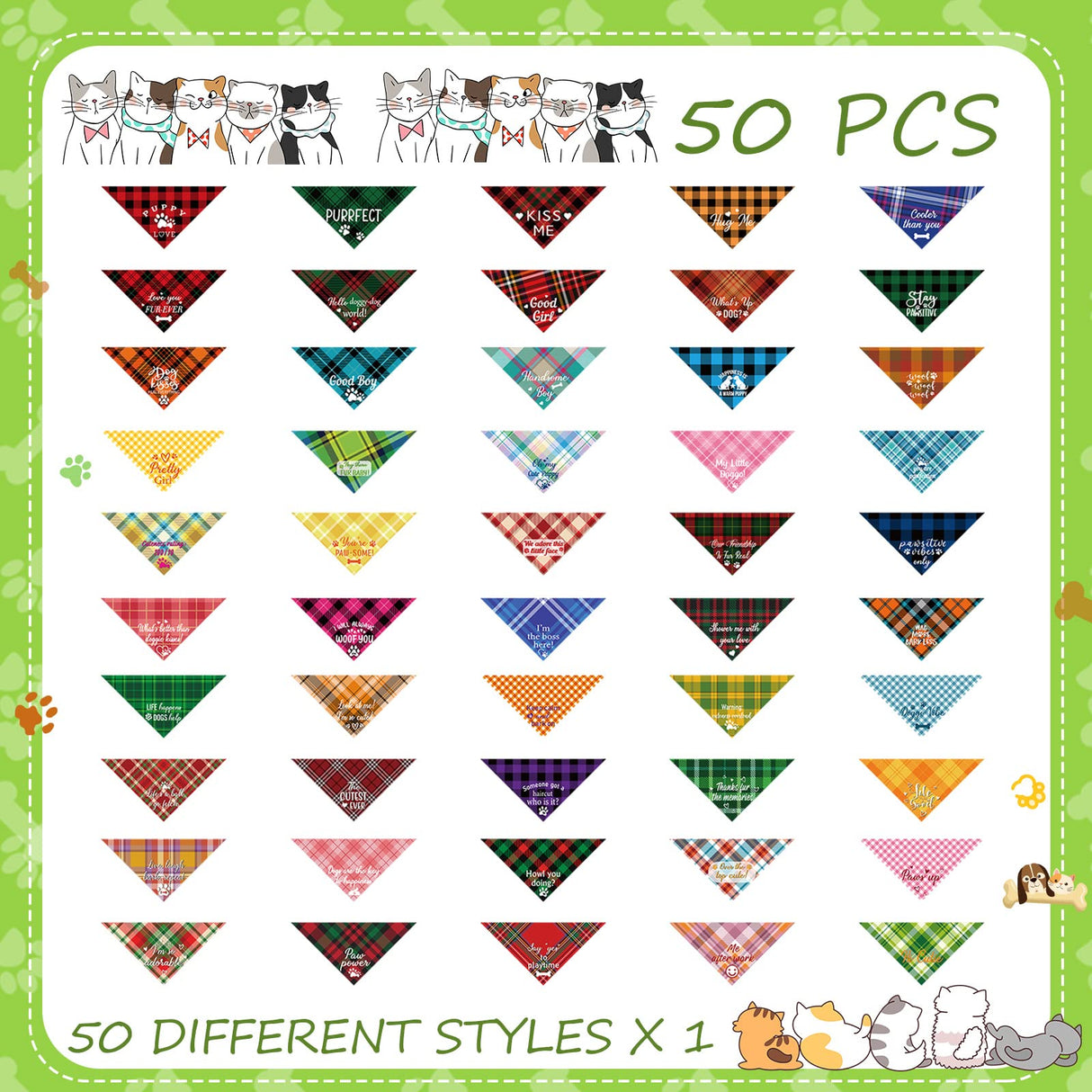 50 Pcs Plaid Dog Bandanas Bulk Cute Dog Scarf Bibs Puppy Pet Bandanas with Captions Adjustable Cat Outfit Washable Triangle Scarf Kerchief for Small to Medium Girl Boy pet(Cute)