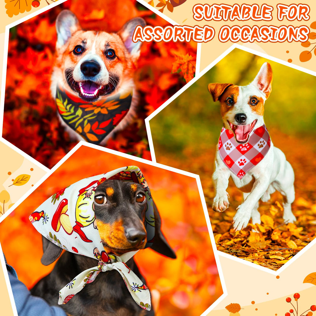 Locmeo 100 Pcs Fall Dog Bandanas Bulk Autumn Thanksgiving Day Dog Bandanas Adjustable Pumpkin Maple Leaves Pattern Pet Bibs Triangle Fall Thanksgiving Scarf Costume for Small Medium Pet Puppy(M)