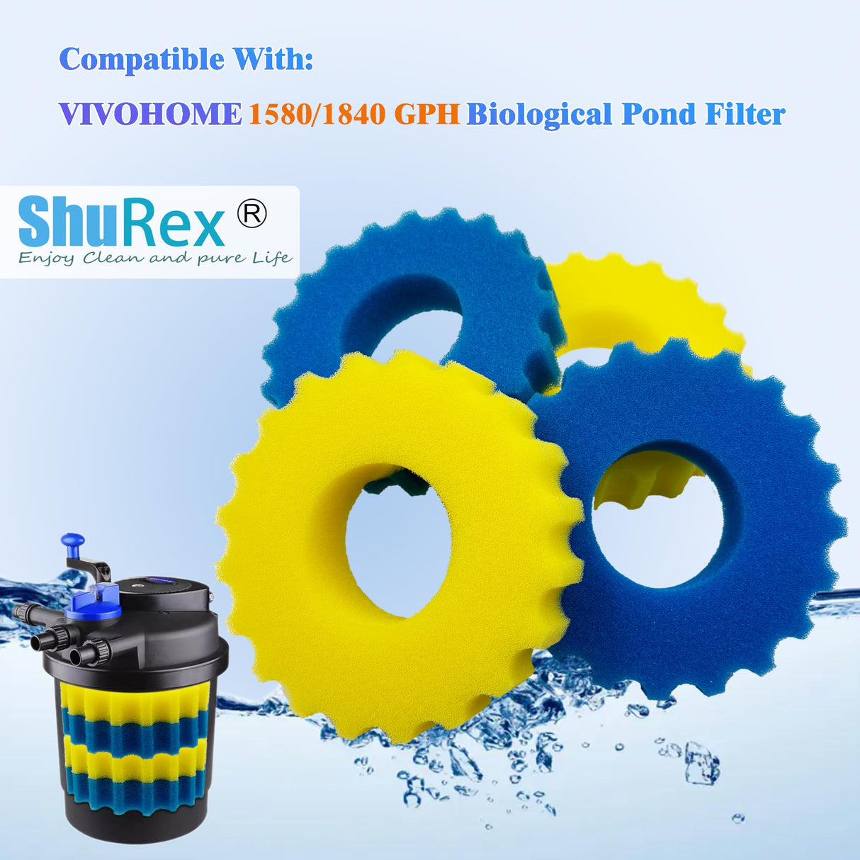 ShuRex Replacement Sponge Filter Media Pads for VIVOHOME 1580/1840GPH Biological Pond Filter, Compatible with 1580/1840GPH/CPF-2500/ CPF-3500 Pressure Koi Fish Pond Filter