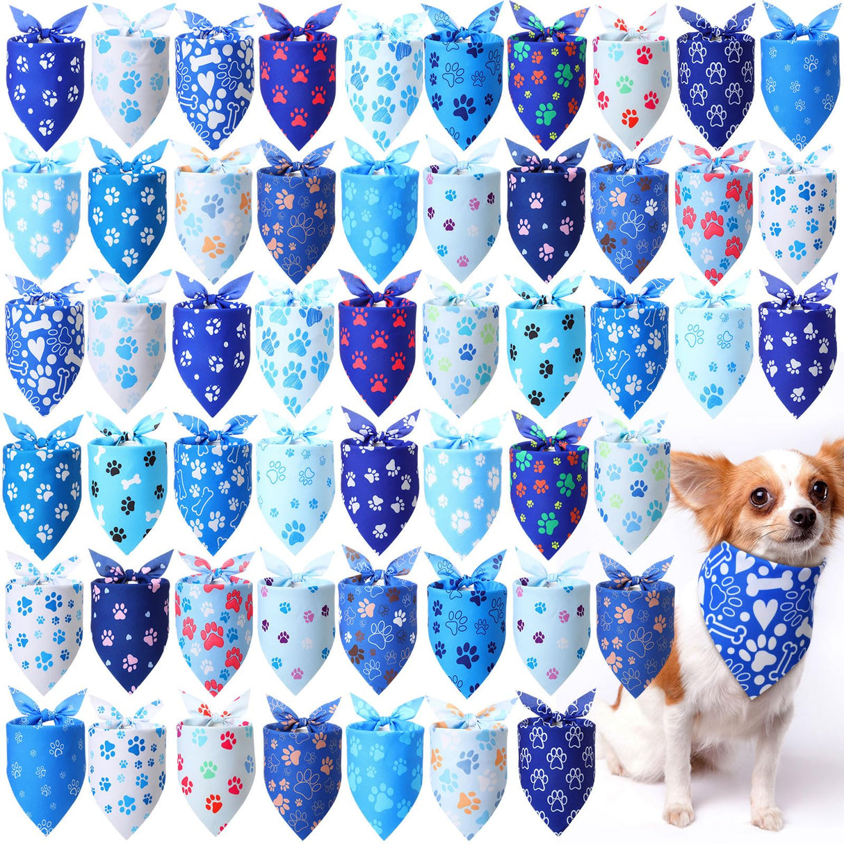 Jeere 50 Pcs Blue Paw Print Dog Bandanas Bulk Animal Footprint Bandanas for Dogs Triangle Kerchief Bib Scarf Set for Pet Winter Costume Photo Props Daily Accessories Pet Shops (25.6 x 17.7 x 17.7)