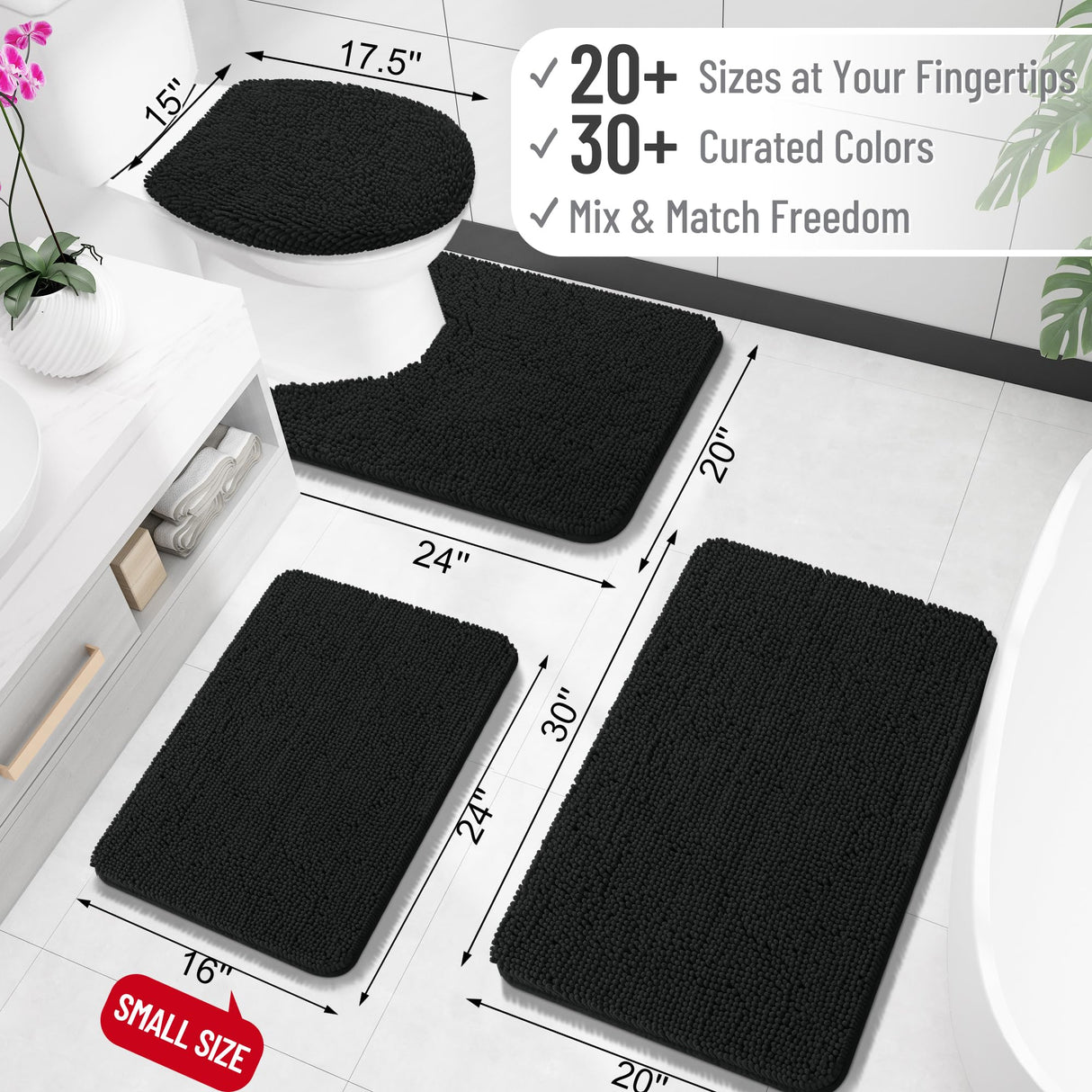 Black Bathroom Rug 30x20, Extra Soft Absorbent Chenille Bath Rugs, Rubber Backing Quick Dry, Machine Washable Bath Mats for Bathroom Floor, Tub and Shower, Home Decor Accessories