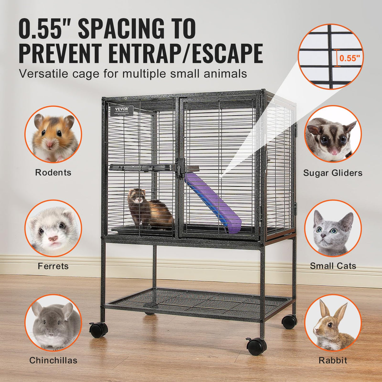VEVOR 34" Rolling Metal Ferret Cage, Large 2-Tier Critter Nation Cage, Small Animal Cage with Ramps & Tray, Easy to Set up for Pet Mice, Hamster, Guinea Pig, Chinchilla, Squirrel, Hedgehogs, Bunny