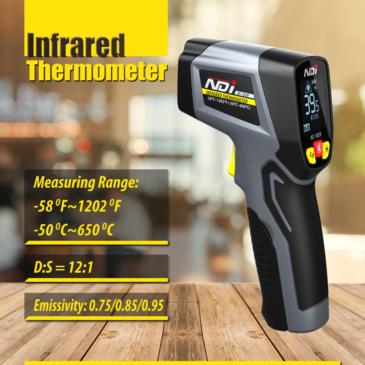 NDI Infrared Thermometer Temperature Gun -58℉~1202℉, Digital Laser Surface Temp Reader for Cooking, Pizza Oven, Candy, Griddle HVAC IR Thermometer Temp Gun with Adjustable Emissivity