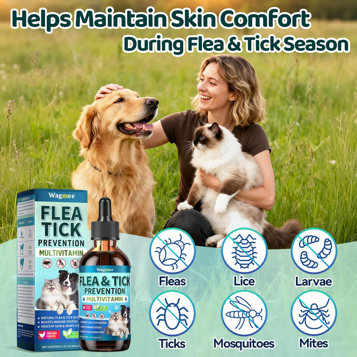 Oral Flea & Tick Support for Dogs and Cats, Natural Flea and Tick Prevention with Multivitamins - Flea Herbal Supplement Drops for Healthy Skin & Shiny Coat Support - All Breeds and Ages - Chicken