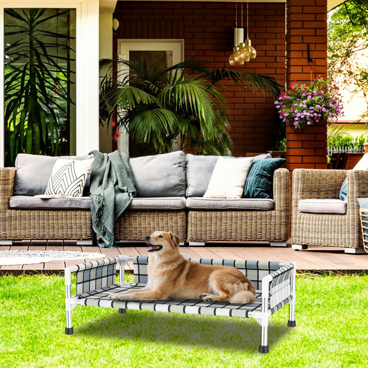 Elevated Raised Outdoor Dog Bed - Cooling Washable Dog Cot with Guardrail, Durable & Breathable Cotton Mesh Pet Hammock Beds with Stainless Steel Pipe Frame for Medium Pets (34'' x 20'' x 12'')