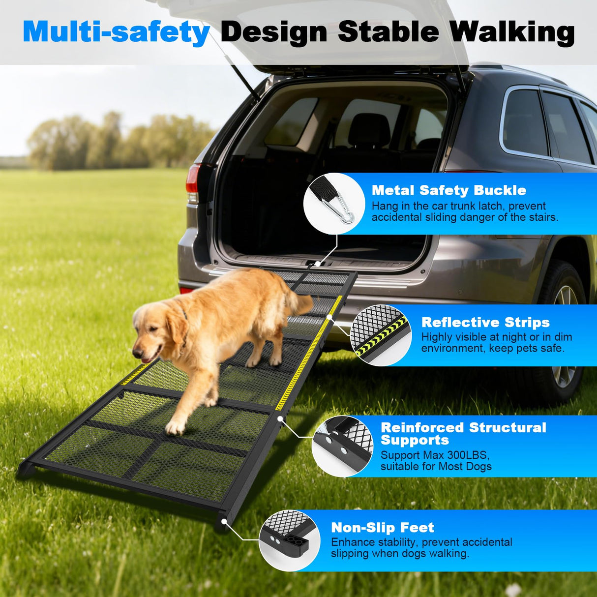 Dog Ramp for Car: 300lbs Heavy Duty Pet Ramp for Truck & SUV - 75" Long Non-Slip Design, Gentle Slope for Joint Care, Foldable & Portable for Large Dogs, Extra Wide & Safe for Night Use