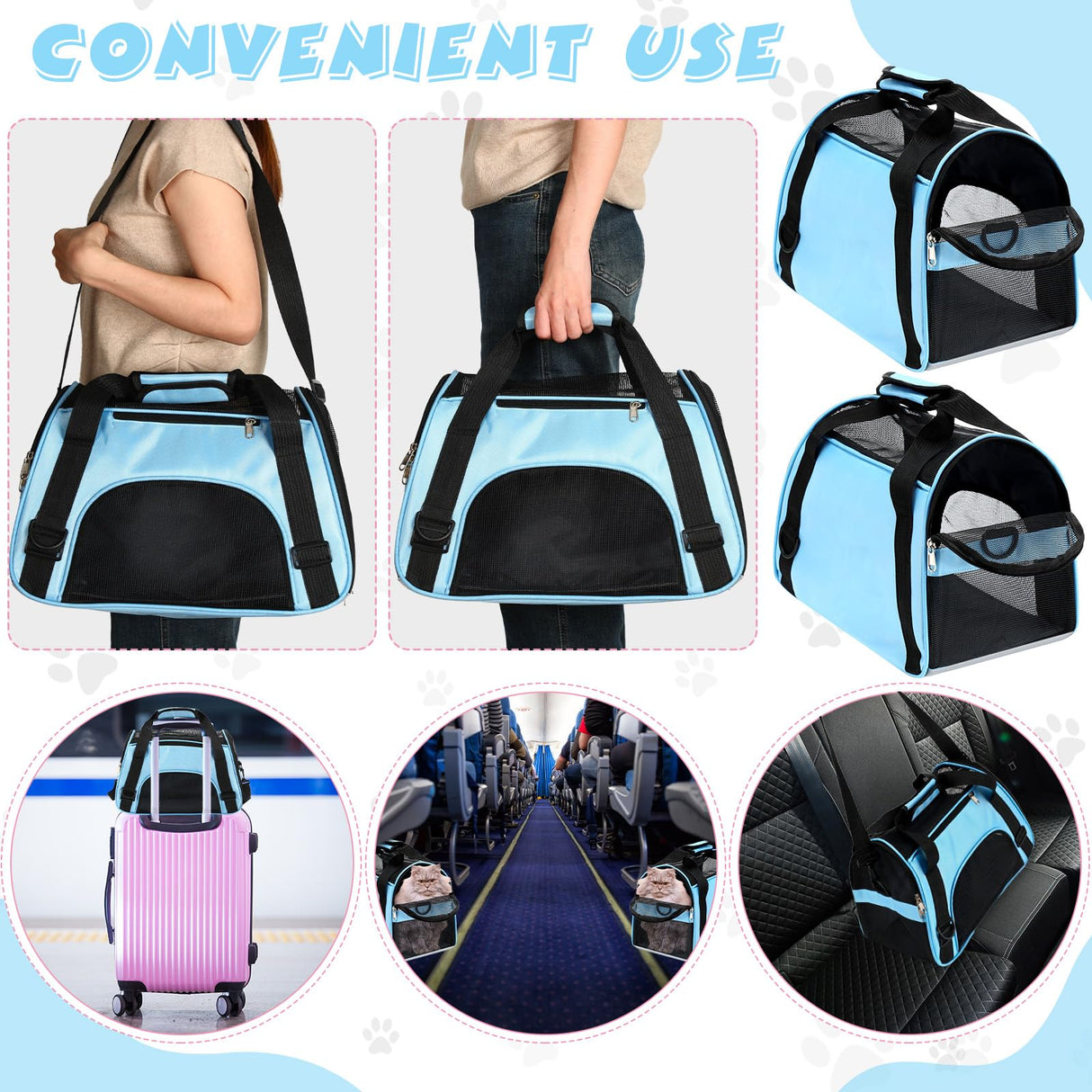 Clysee 2 Pcs Pet Carrier, Soft Sided Pet Travel Carrier for Cats, Airline Approved Kitty Portable Dog Bags for Traveling Little Dogs, Rabbits, Puppy, Cat(S,Blue)