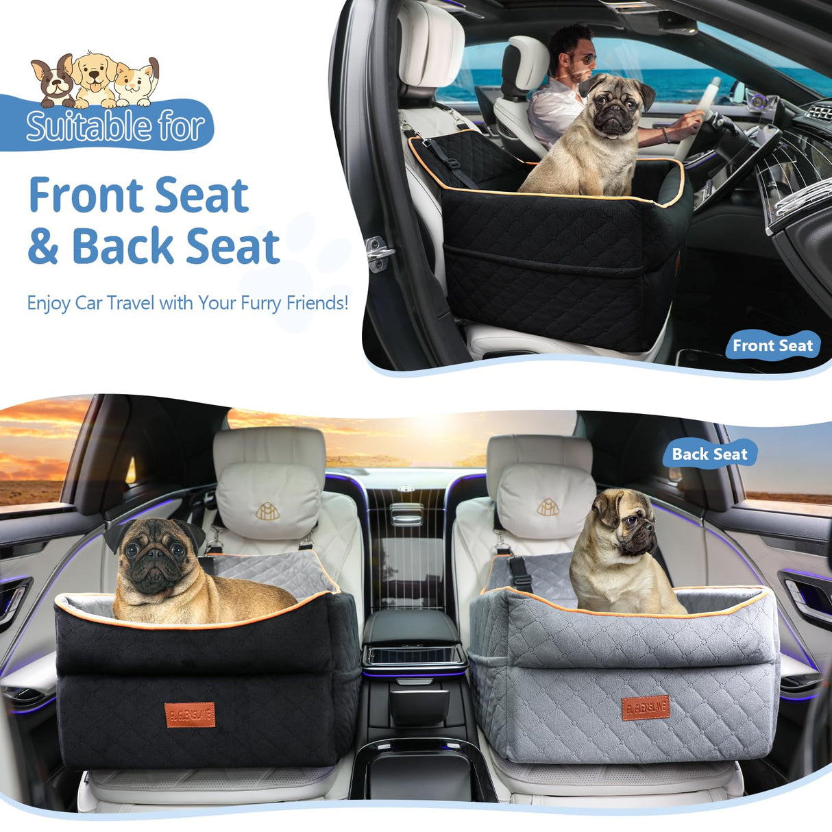 GL GLENSLAVE Dog Car Seat for Small Medium Dogs, Memory Foam Dog Booster Car Seat for Pets Under 35 lbs, Anti-Slip Pet Carseat with 2 Adjustable Leashes, Elevated Dog Travel Bed with Storage Pockets