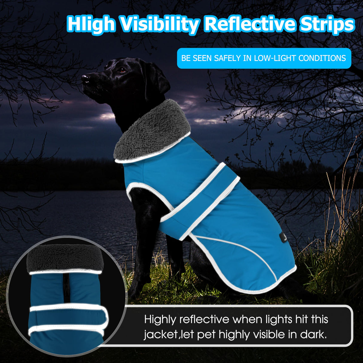 Dogcheer Dog Coat, Waterproof Dog Jacket Reflective Pet Winter Coat with Adjustable Hook & Loop, Christmas Puppy Fleece Jacket Warm Turtleneck Snowsuit for Small Medium Large Dogs - Sky Blue, L