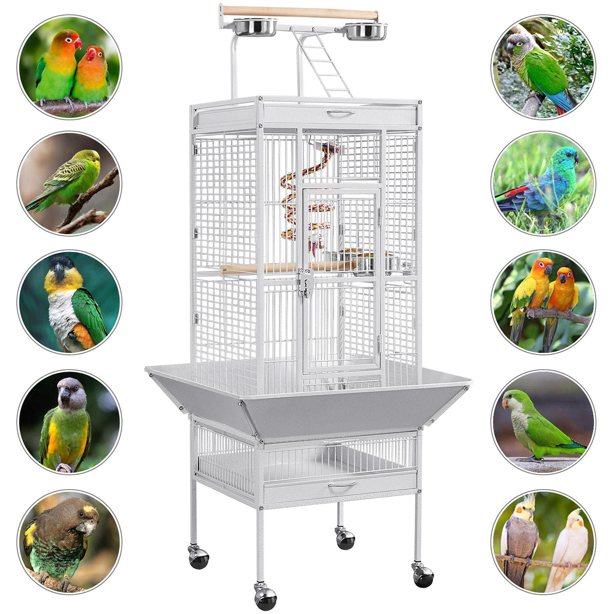 Yaheetech Wrought Iron Bird Cages, Play Top Large Aviary with Stand for Cockatiel Parrot Sun Parakeet Conures Lovebird Budgie Finch African Grey White, 61-inch