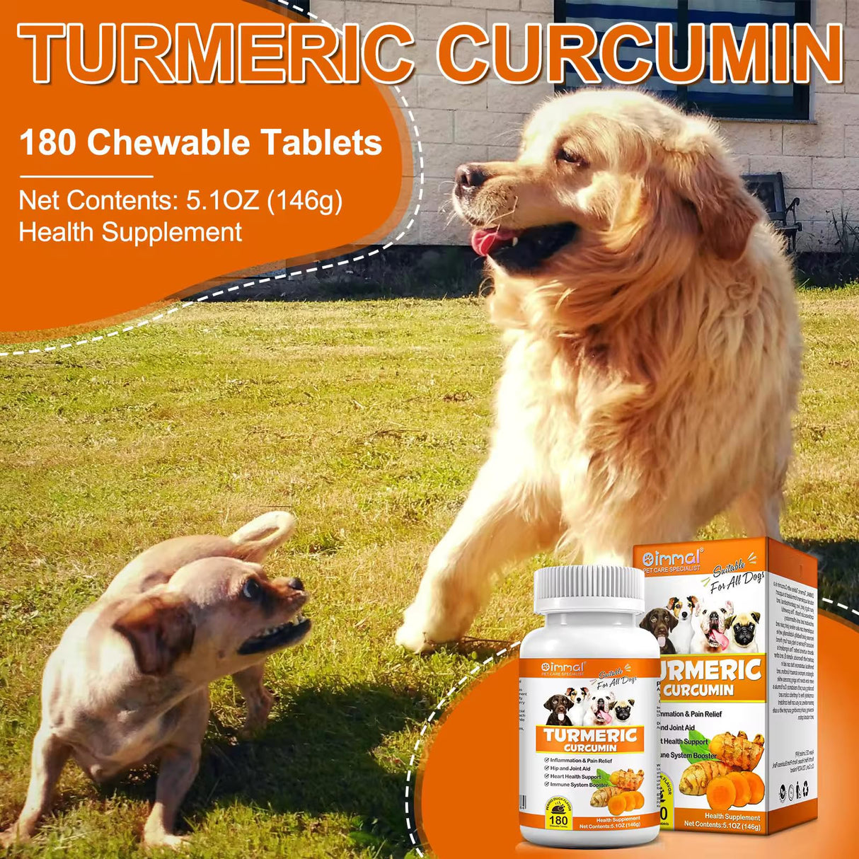 Turmeric for Dogs – 180 Count Tablet Treats with Curcumin & Piperine – Joint Health, Mobility, Allergy & Itch Relief, Skin & Coat, Hot Spots – Duck Flavor with Salmon Oil