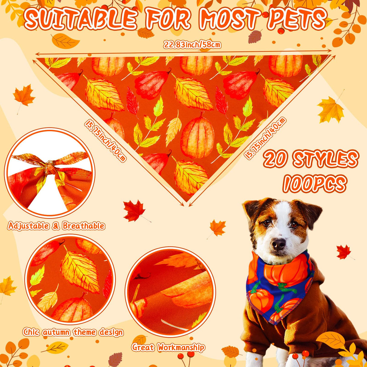 Locmeo 100 Pcs Fall Dog Bandanas Bulk Autumn Thanksgiving Day Dog Bandanas Adjustable Pumpkin Maple Leaves Pattern Pet Bibs Triangle Fall Thanksgiving Scarf Costume for Small Medium Pet Puppy(M)