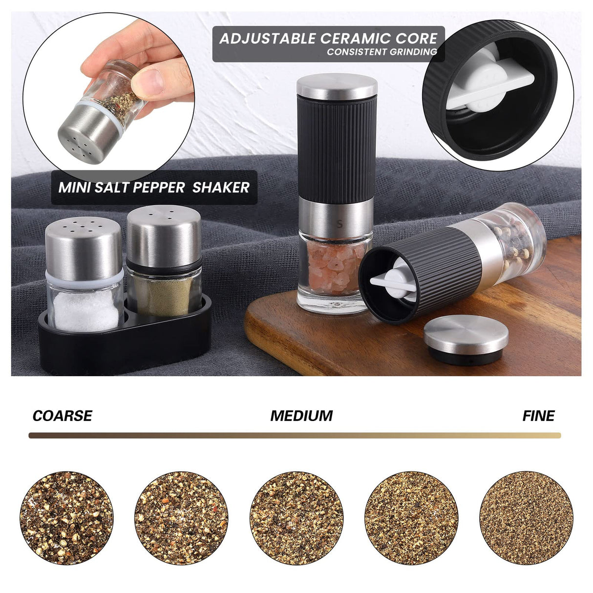 Mini Salt and Pepper Grinder set with 2 Small Salt and Pepper Shakers Portable Cute Tiny Spice Grinder Pepper Mill Salt Grinder for Travel, Work, Camping, Party, School, Lunch Box