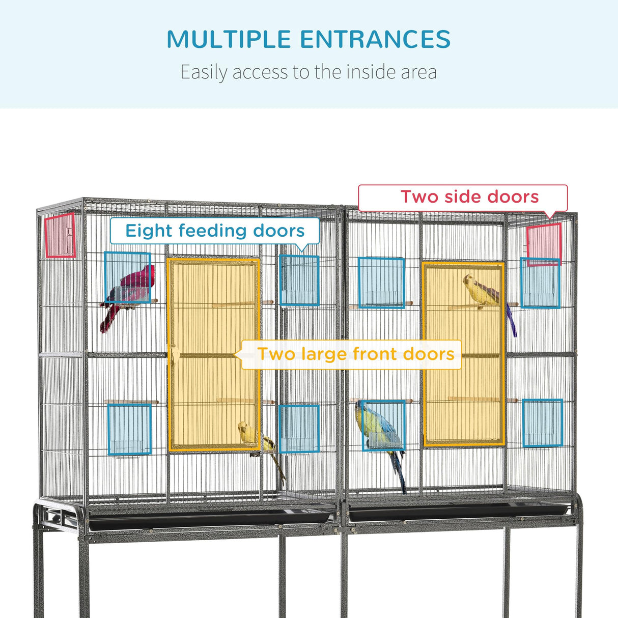 PawHut 65" Double Rolling Metal Bird Cage with Divider, Large Parrot Cage for Parakeet, Canaries, Lovebirds, Budgie, Finch, with Detachable Rolling Stand, Storage Shelf, Wood Perch & Food Container