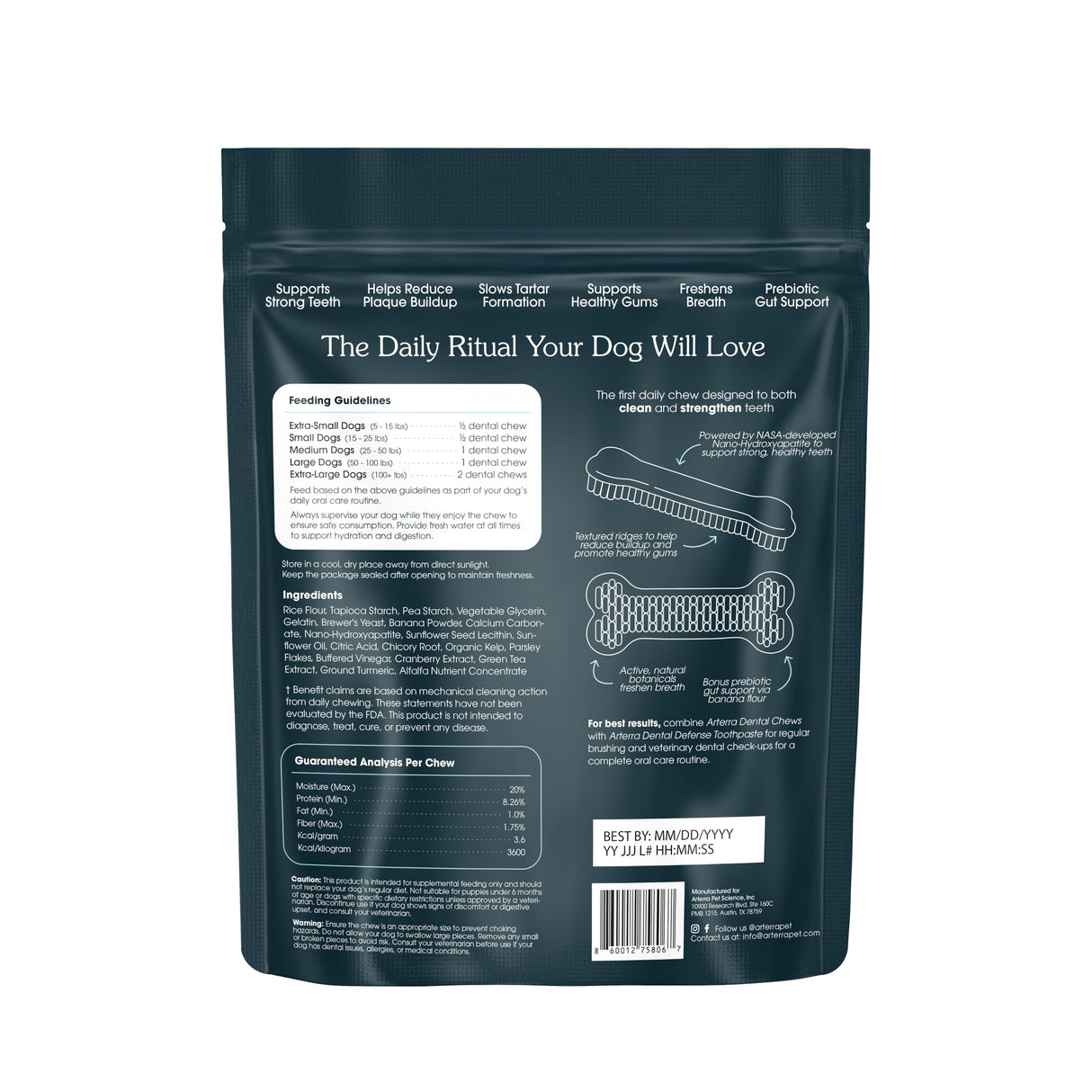 Arterra Pet Science Dog Dental Chews with Nano-Hydroxyapatite Next-Generation Daily Chews for Stronger Teeth, Fresh Breath, and Healthy Gut, 14 Count, Pack of 1