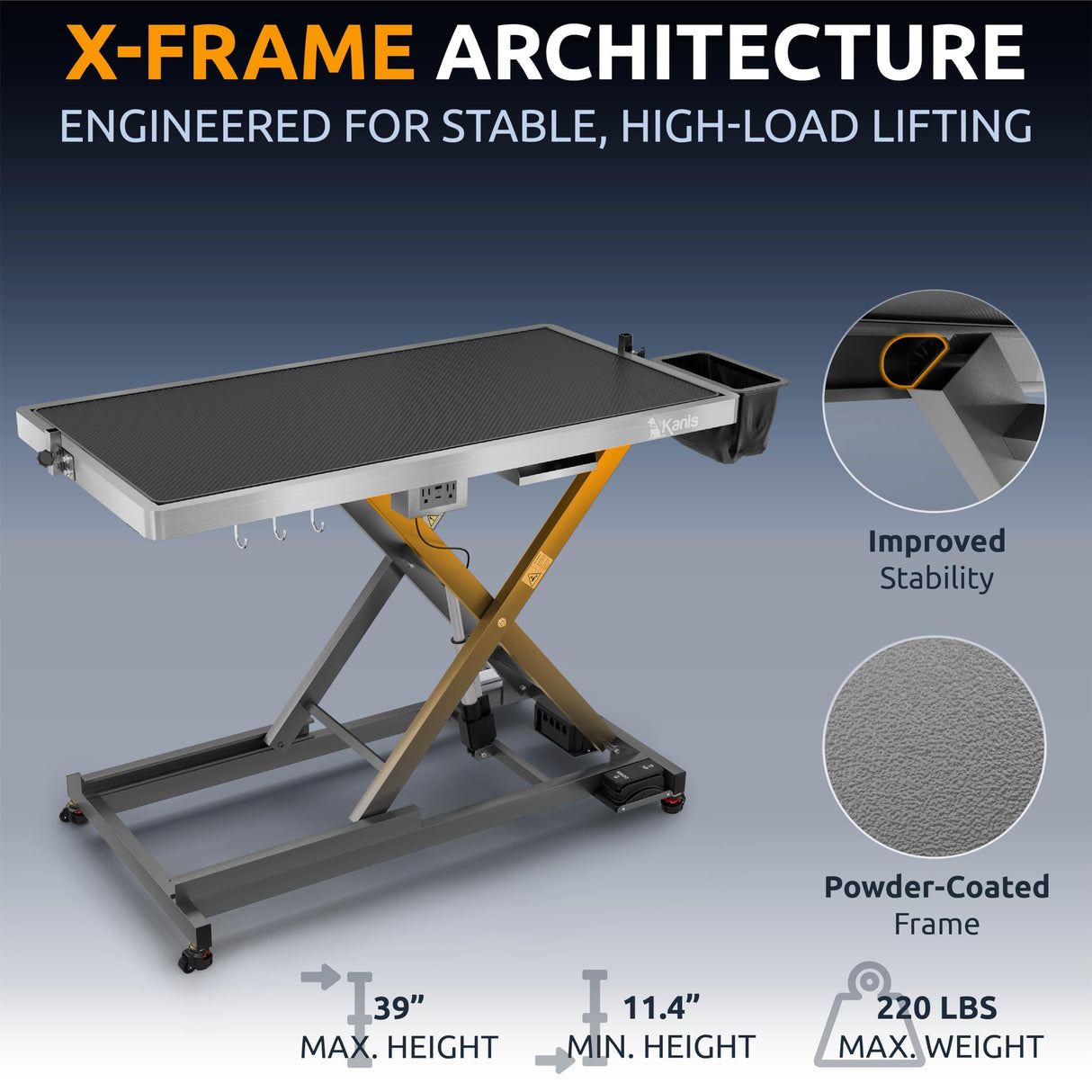KANIS Professional Electric Dog Grooming Table - Heavy Duty, Height Adjustable Pet Grooming Table w/Leveling Wheels, Dog Grooming Arm, Anti Slip Tabletop & Tool Organizer (Grey, 49")