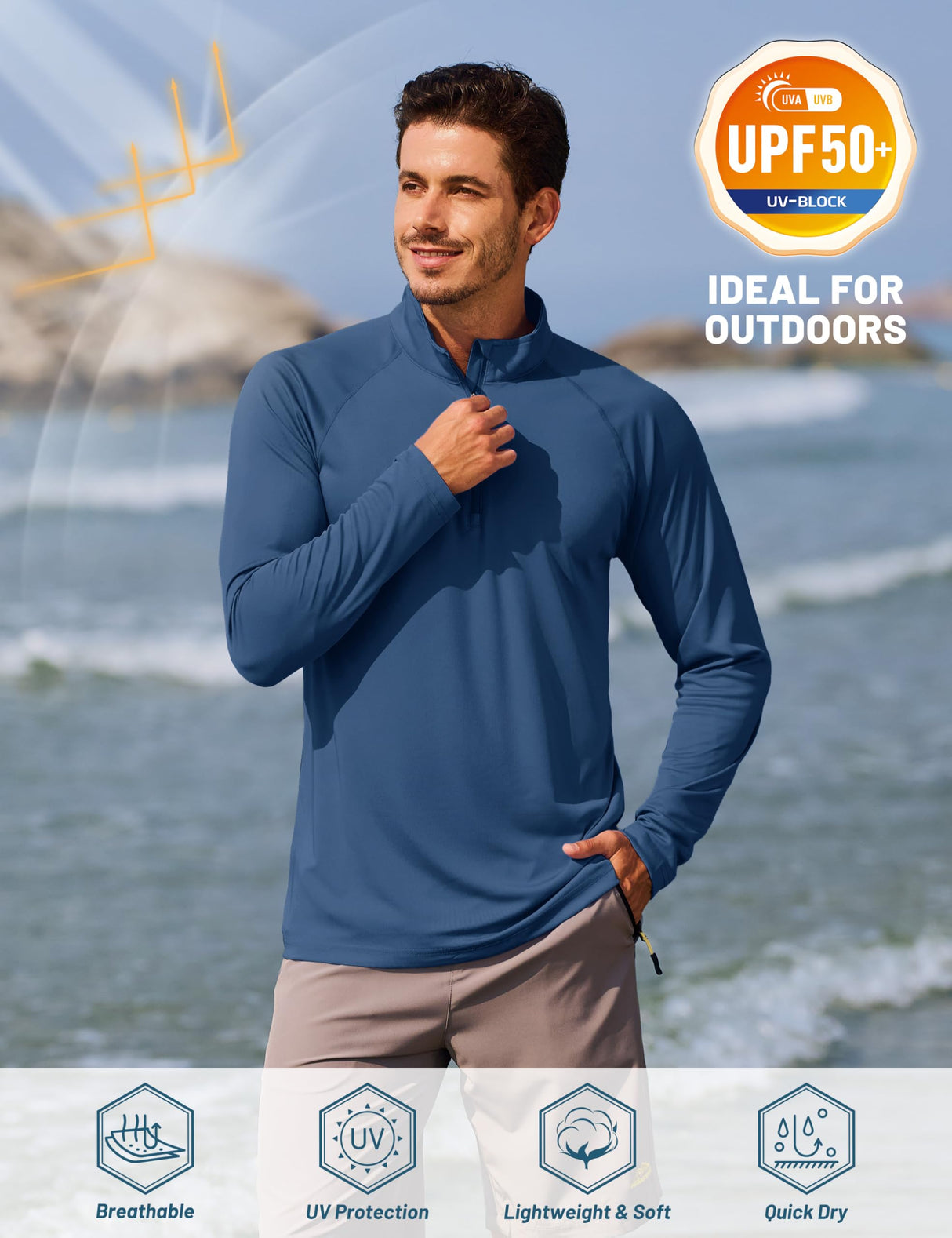 TACVASEN Sun Protection Shirts for Men Long Sleeve 1/4 Zip Outdoor Athletic Performance Workout Shirt for Men Quick Dry Fit Sports Shirts Blue Grey M