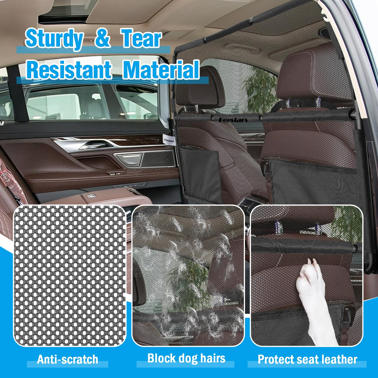 Feestars Dog Barrier for SUV Truck,56" Car Divider for Pet, SUV Dog Barrier for Cargo Area,Back Seat Car Gate with See Through Net Mesh