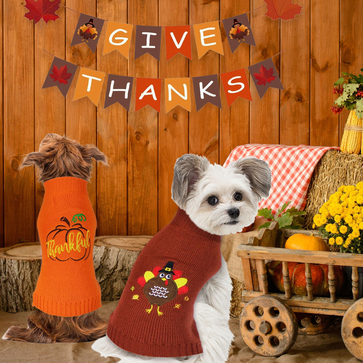 GOYOSWA 2 Pack Dog Thanksgiving Sweater, Knitted Thanksgiving Fall Holiday Dog Sweater Outfit Clothes for Small Medium Large Dogs Pets (Brown & Orange, Small)