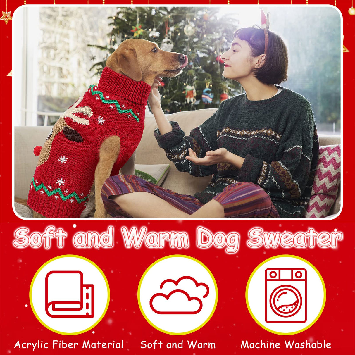 YUEPET Christmas Dog Sweaters Pullover, Reindeer Snowflake Christmas Outfits with Leash Hole, Classic Turtleneck Dog Clothes for Puppies Medium Dogs(XL)