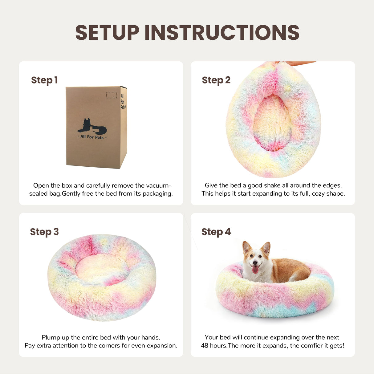 Warmrest Donut Dog Bed Medium Size Dog, Round Cat Beds for Small Medium Dogs and Cats with Washable Fluffy Faux Fur, Cute Comfort Pet Bed with Anti-Slip Bottom, Rainbow, 30"