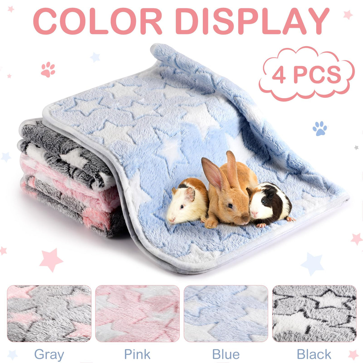 Reginary 4 Pcs Waterproof Guinea Pig Blankets Washable Small Animal Fleece Bedding Guinea Pig Cage Liners Reusable Training Pads Pet Pee Pad Sleep Mat for Hamster(Cute Star Pattern,24 x 16 Inch)