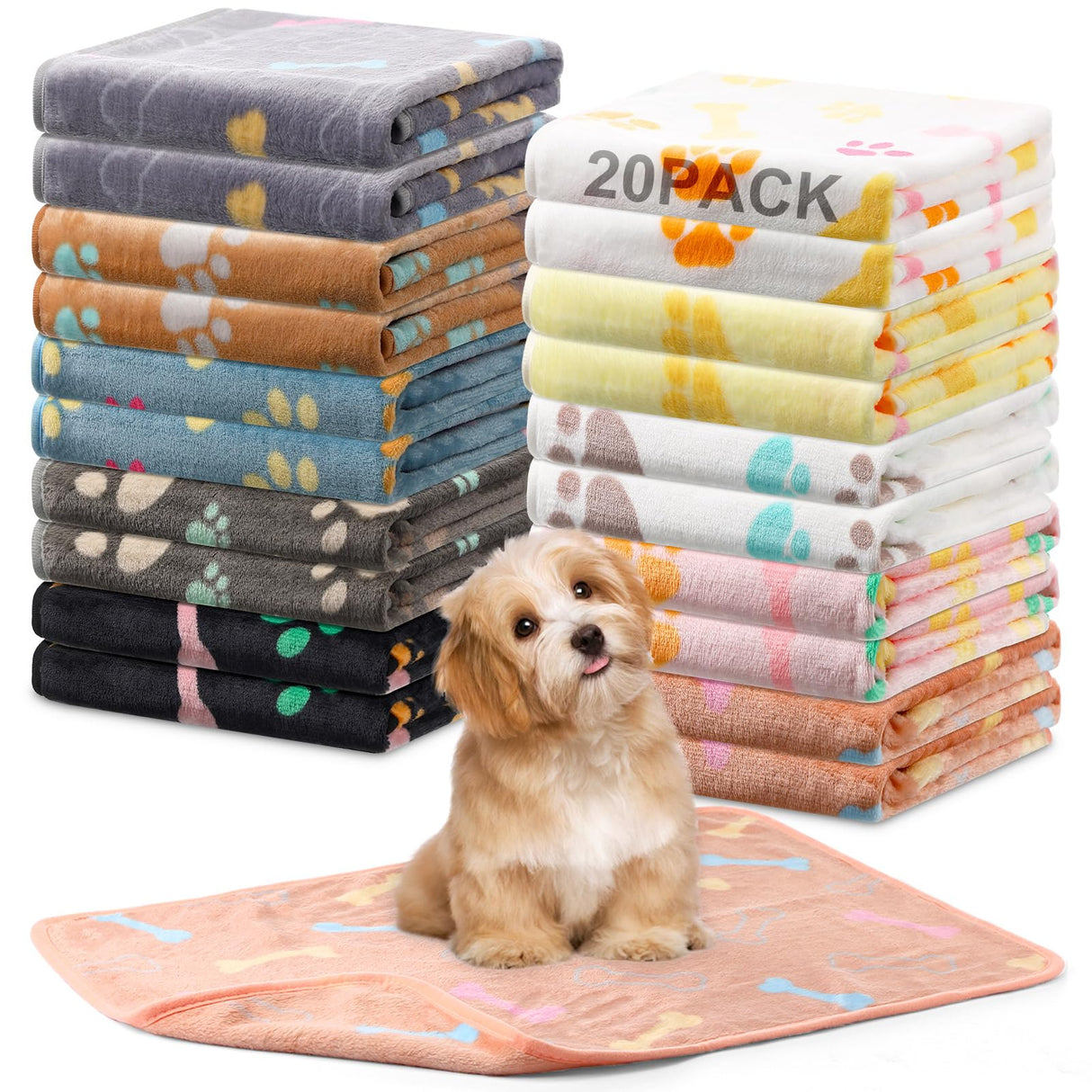 Hahafelt 20 Pcs Dog Blankets for Small Dogs 24 x 16 Inches Puppy Blankets with Paw Print Soft Fluffy Fleece Pet Sleep Mat Flannel Throw Washable for Small Dogs Puppy Cats, 10 Styles
