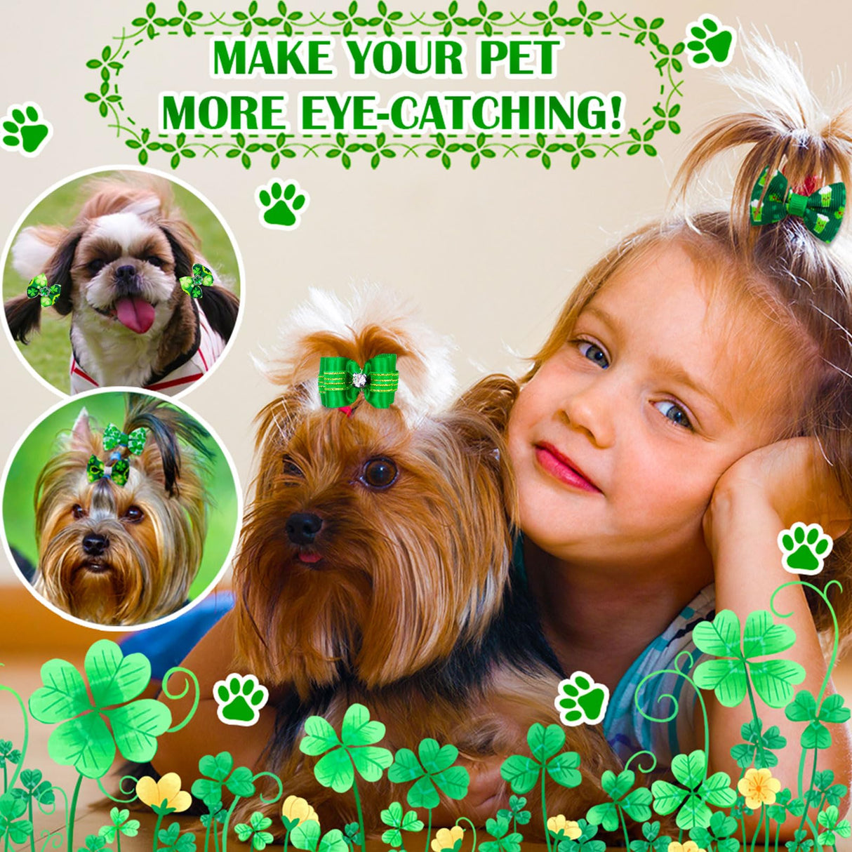 Mruq pet 80pcs St.Patrick's Day Dog Bows, Holiday Pet Dog Hair Grooming Bows with Rubber Bands, St.Patrick's Day Green Lucky Clover Element Dog Hair Bows for Dog Puppy Yorkie Hair Accessories