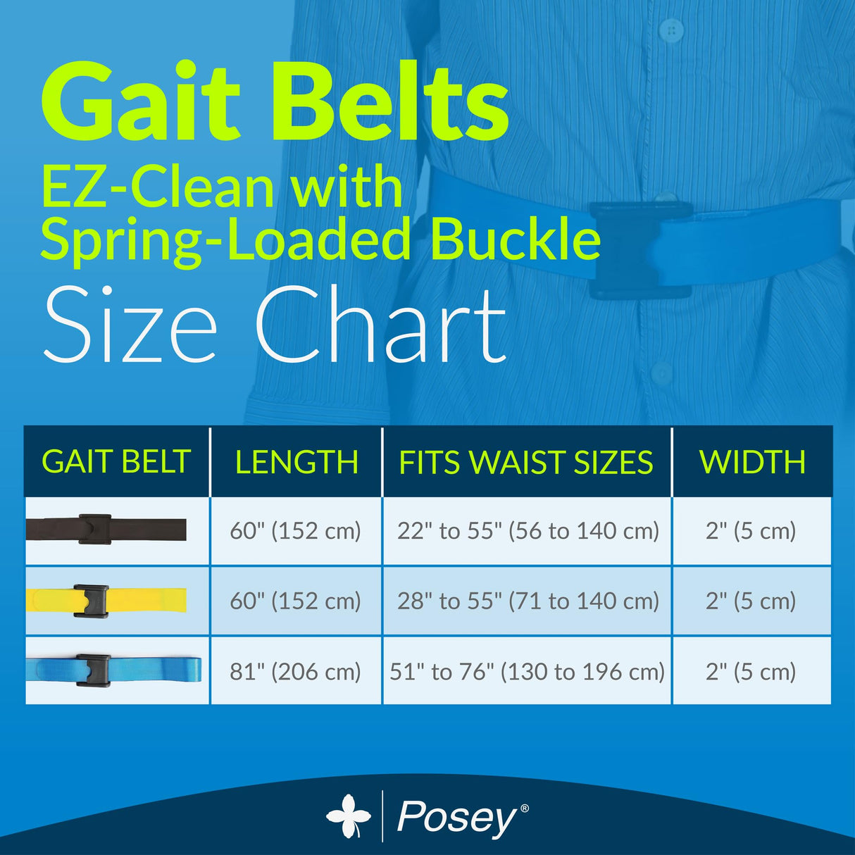 Posey 6546 Premium EZ Clean Gait Belt with Spring-Loaded Buckle, Black, 60"