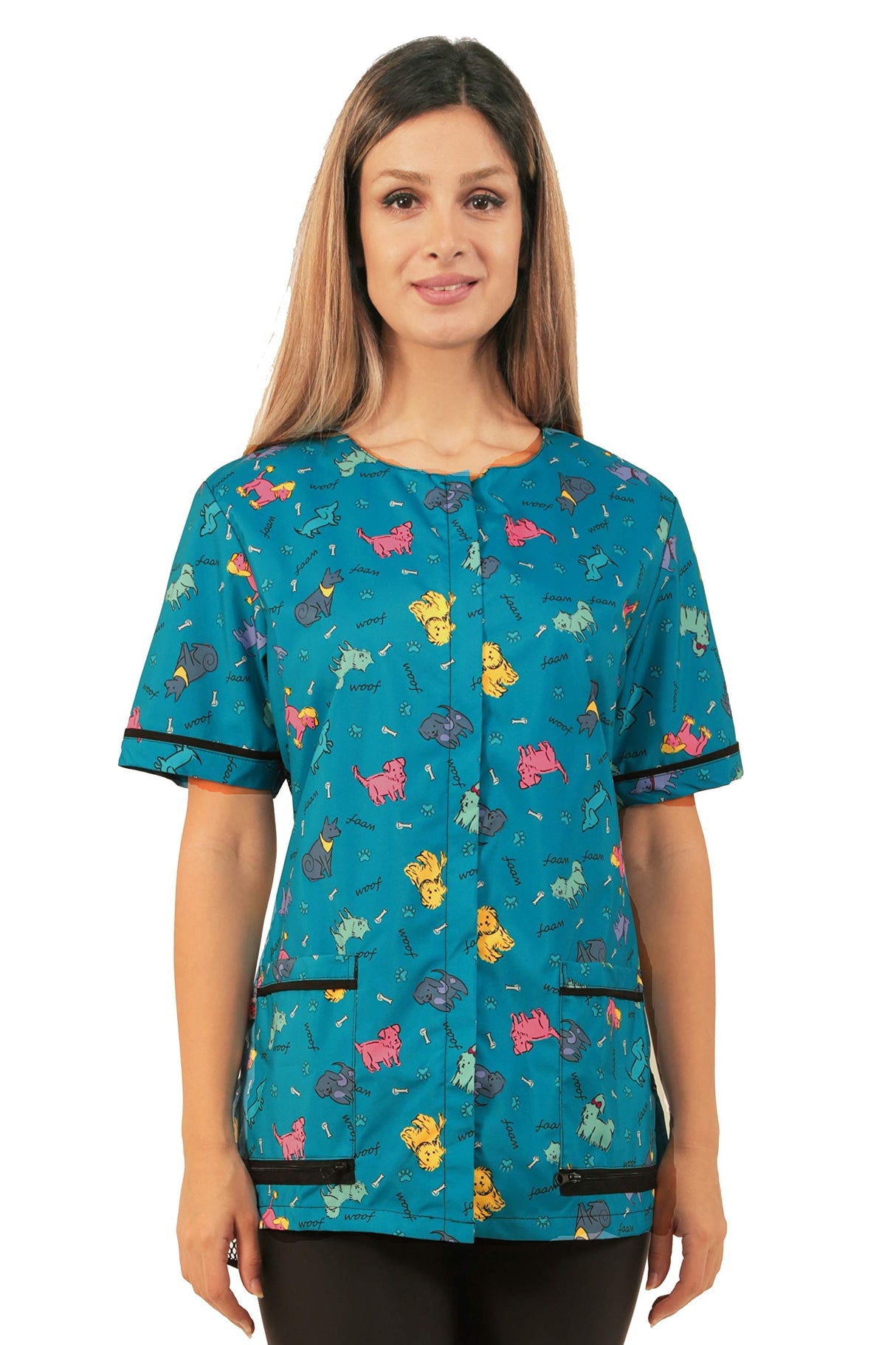 Ladybird Line 713 Blue Dog Design Waterproof Pet Grooming Smock, Hair and Bleach Resistant with Covered Zipper Panel, Mesh Back, and Back Tie Belt, Ideal for Pet Groomers and Vet Clinics - 2XL