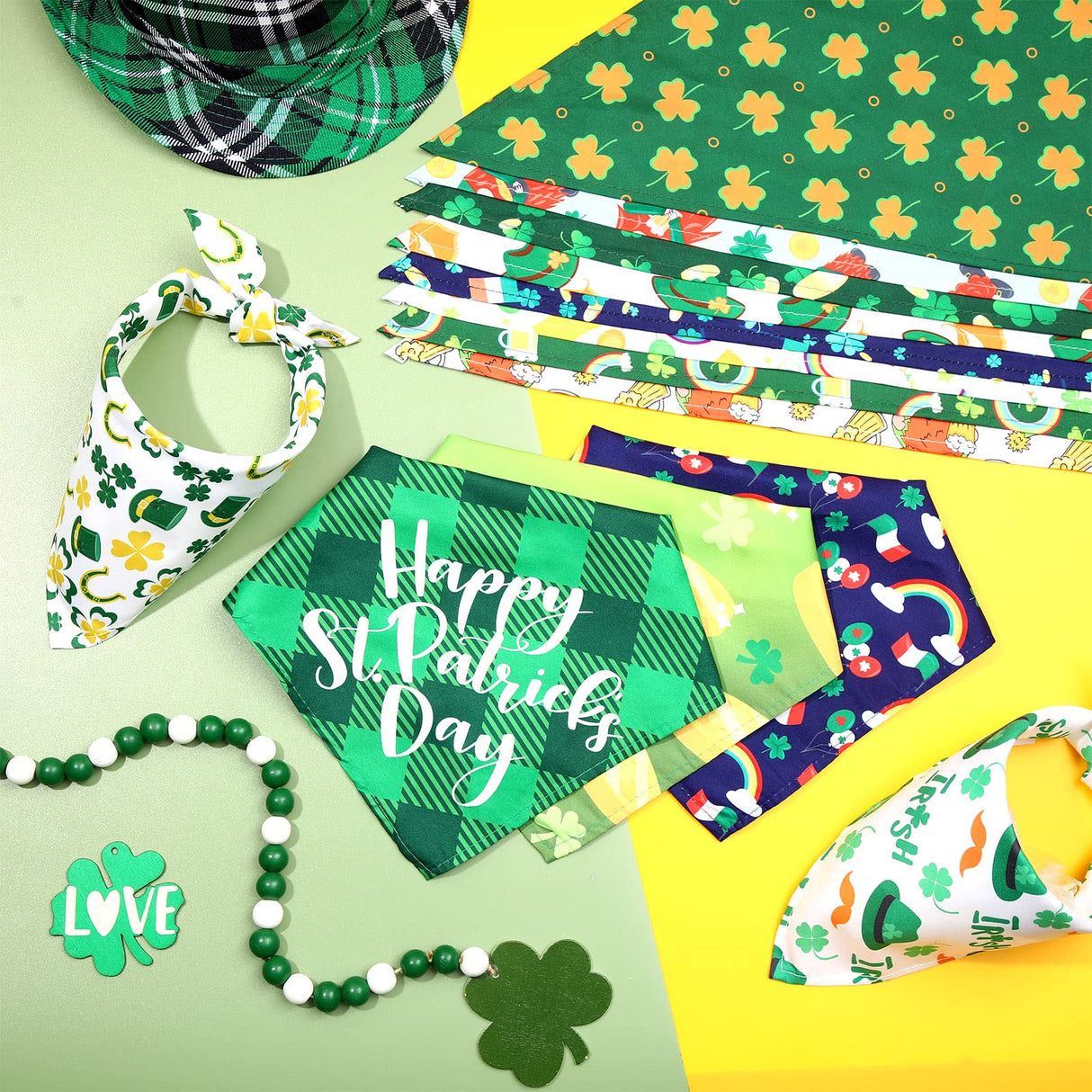 Sanwuta 50 Pieces St. Particks Dog Bandanas Bulk Bibs Triangle Dog Bandanas with Clover Patterns for St. Particks Pet Costume Decoration(25 x 17 x 17 Inch)