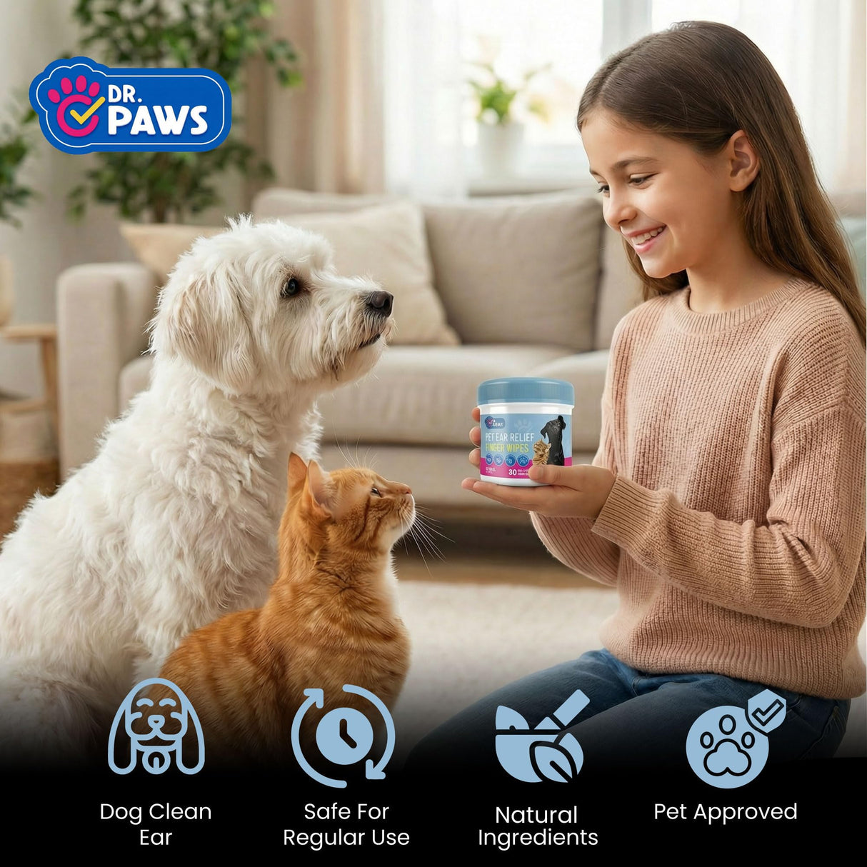 Dr. Paws Dog Ear Cleaner Finger Wipes - Ear Finger Wipe for Dog Ear Infection Treatment, Easy to Use Cat Ear Cleaner, Eliminates Odor, Dog Ear Cleaning Solution, Dog Ear Wipes (Oatmeal)
