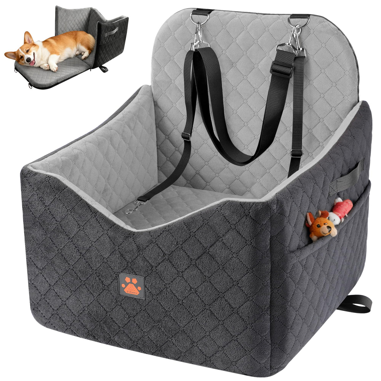 Dog Car Seats for Small/Medium Dogs, Puppy Car Seat with Thick Cushion, Detachable Washable Dog Carseat with Storage Pockets for Dogs Up to 35lbs (Grey)