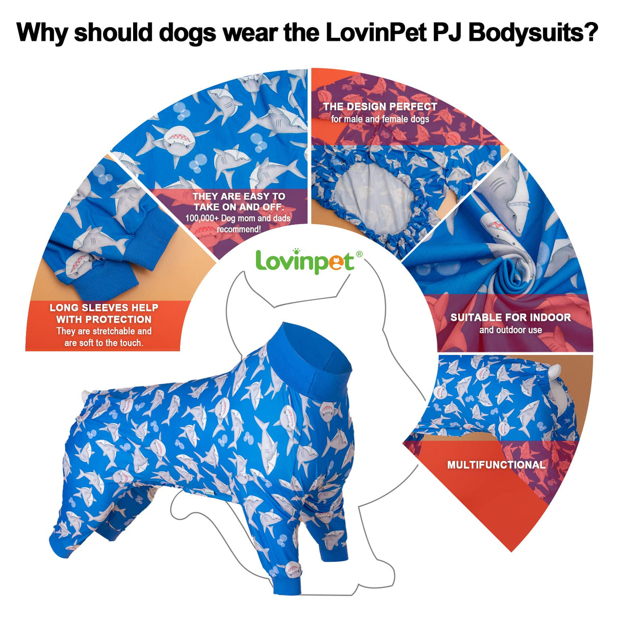 LovinPet Large Dog Pjs, UV Protection, Pet Anxiety Relief Onesies, Lightweight Stretchy, Blue Shark Print, Undershirt for Dog Sweaters and Coats, Large Breed Husky Pajamas, Pet PJ's/XL