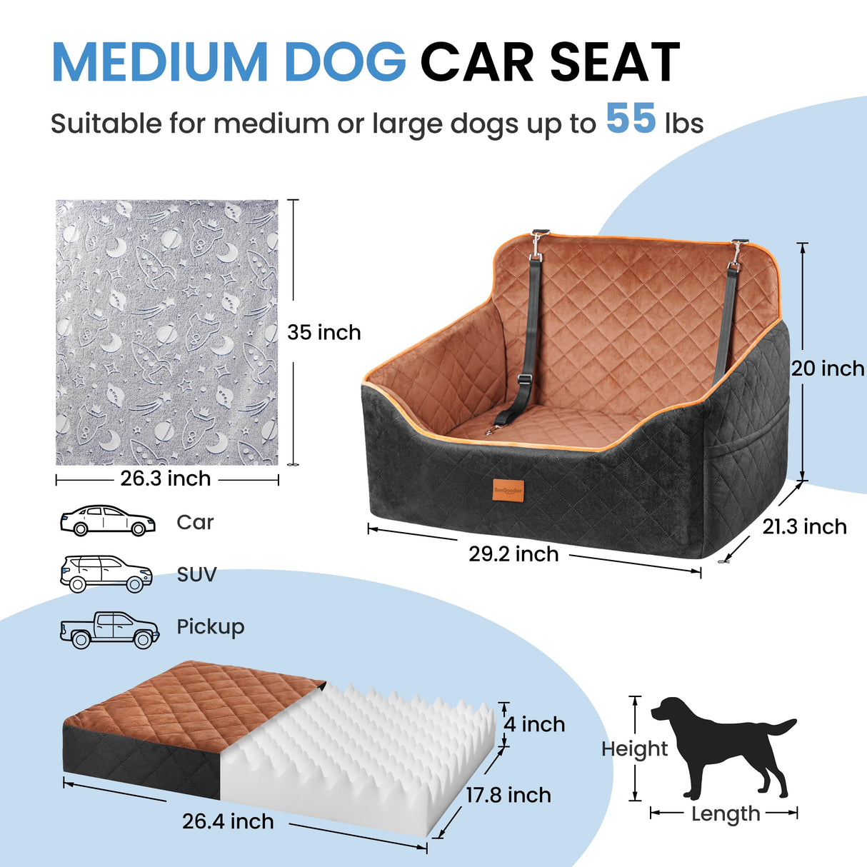 Dog Car Seat for Medium Dogs - Pet Car Seat with 2 Safety Straps & Waterproof Padding, Portable Pet Carrier for Cars, Trucks & SUVs, Comfortable Booster Bed for Pets Up to 55lbs (Black/Coffee)