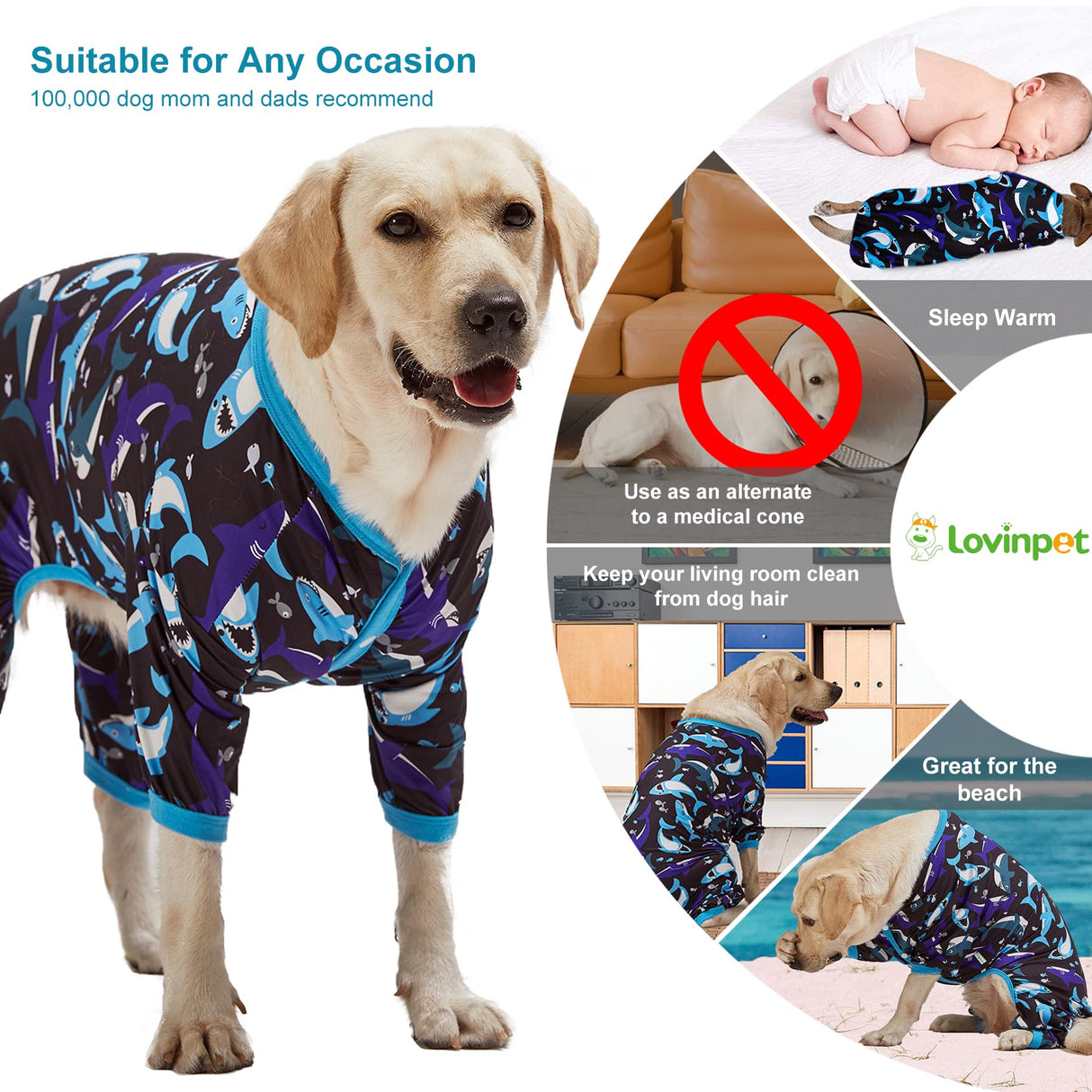 LovinPet Dog Onesies - Pet Anxiety Relief, Anti-Shedding Dog Pajamas, Lightweight Stretchy Fabric, Whale Hello There White Print, Large Dog Pjs, Pitbull Clothes All Season/Large