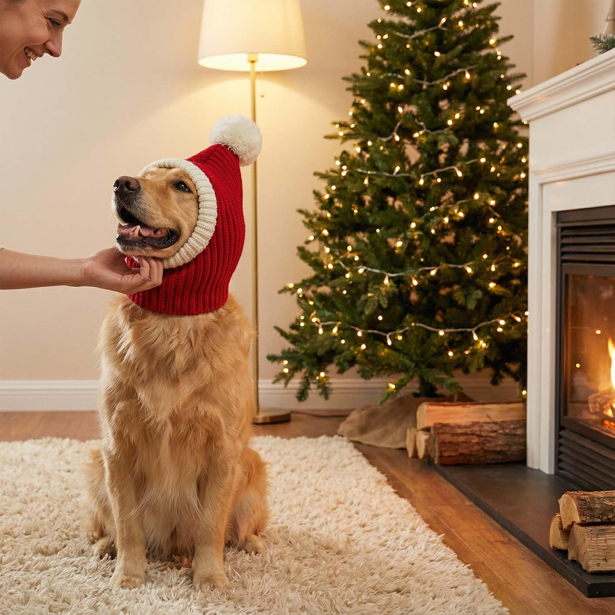 Christmas Dog Hat Costume for Large Medium Dog Warm Winter Dog Hat Neck Ear Warmer Headband Protector for Golden Retriever Labrador(X-Large, Red)