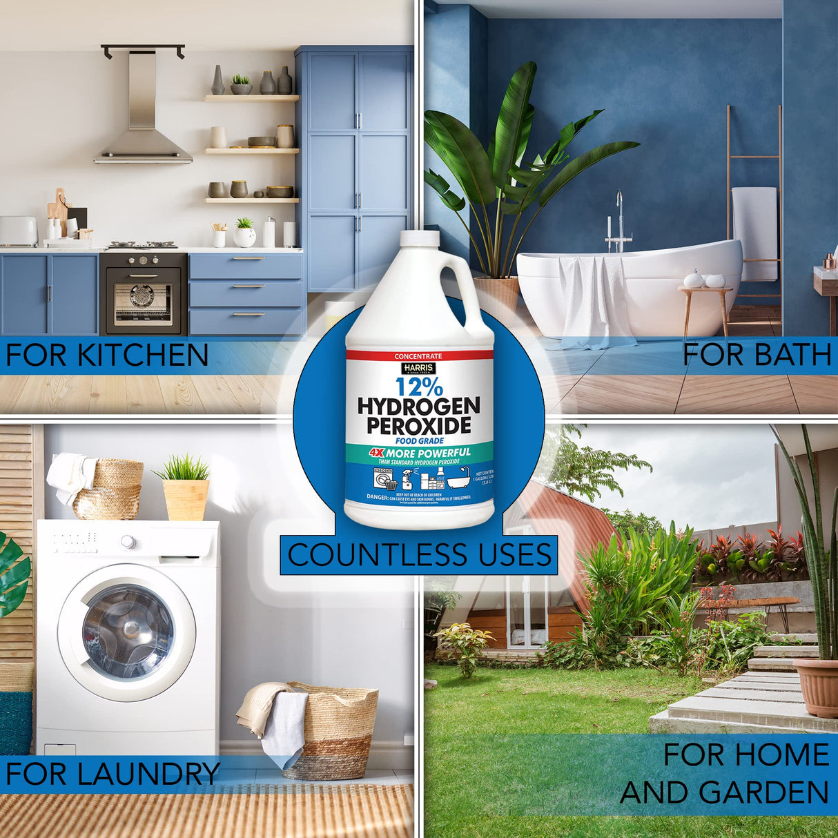 HARRIS 12% Concentrated Food Grade Hydrogen Peroxide, 128oz, for Kitchen, Bath, Laundry, Home and Garden with Easy Fill Funnel