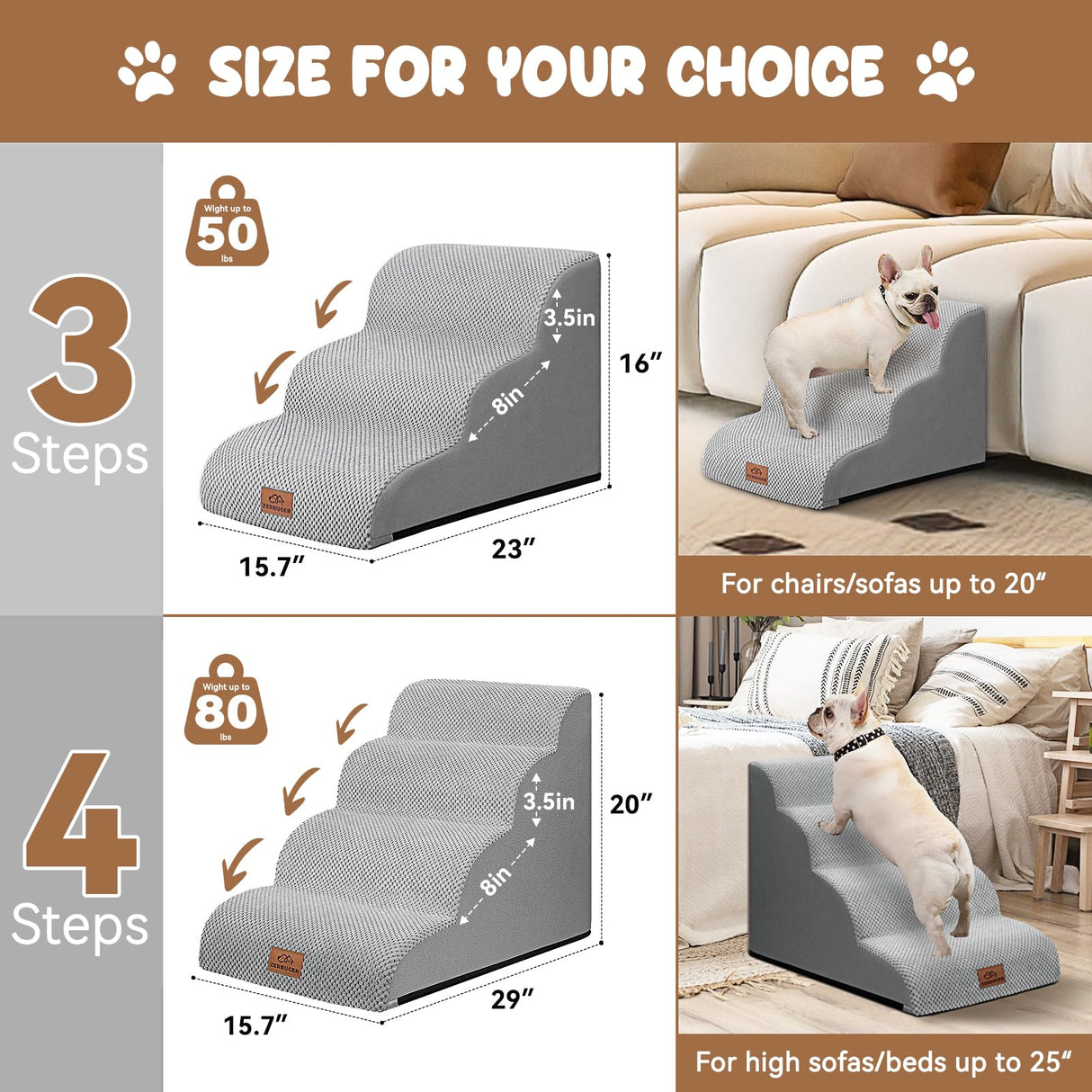 Zerbuger Dog Ramp and Stair for Bed 16" H-20 H,3-Step Cat Stair for Sofa and Chair,4-Step Dog Ramp for High Bed and Window,Durable Nonslip Fabric Cover for Indoor (Light Grey-20 H, Pet Friendly, 4)