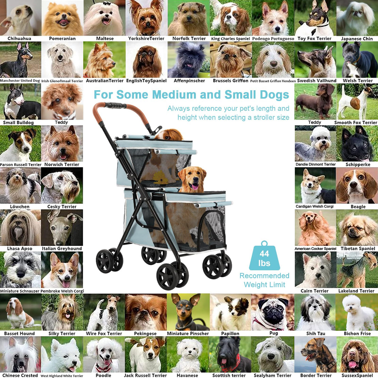 LPOTIUS Double Pet Stroller for Dogs and Cats, One-Hand Folding Dog Stroller Travel Carriage for Small Medium Dogs Cats, 4 Wheels, Blue