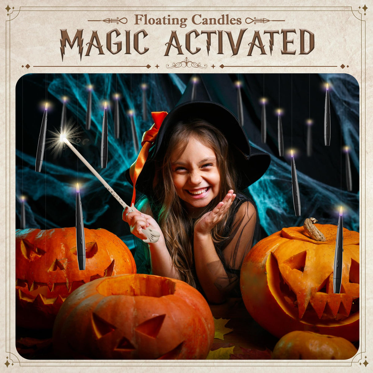 JOIONE Floating Candles with Wand, 20 Pack Halloween Flameless Candles Magic Hanging Taper Candles with 2 Wand Remotes, Battery Operated Candles for Halloween Christmas Birthday Party Decor Black