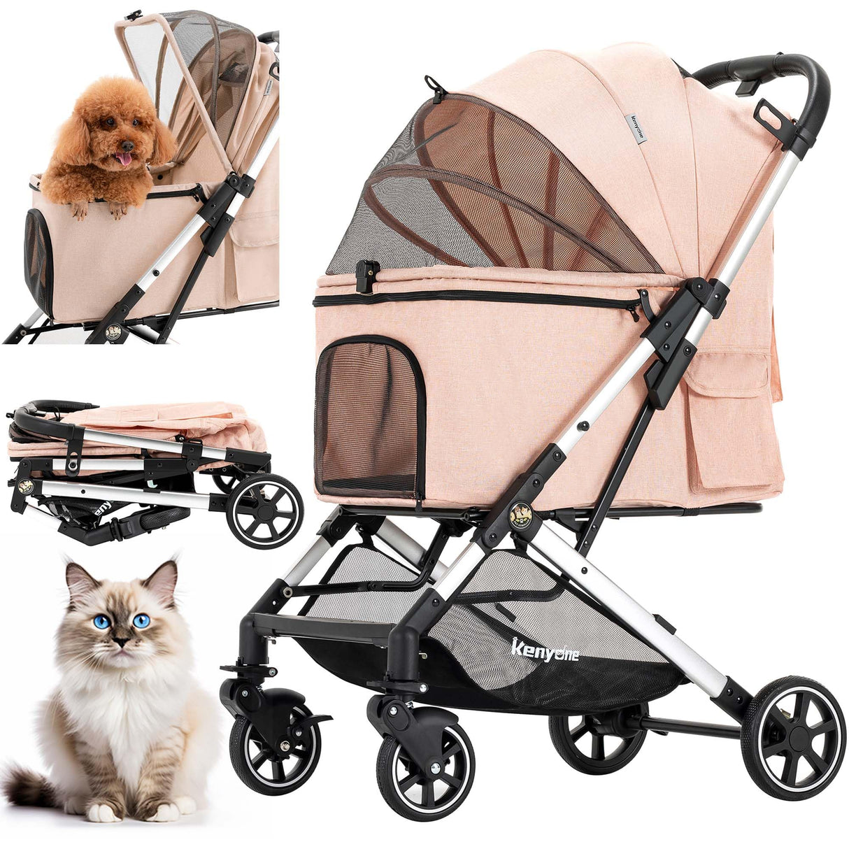 Medium Dog Stroller, Kenyone Pet Stroller for Medium Dogs Up to 55lbs, Lightweight Aluminum Frame, One Click Folding, Large Cat Stroller with No Zip Entry, Detachable Mesh, Multiple Pockets