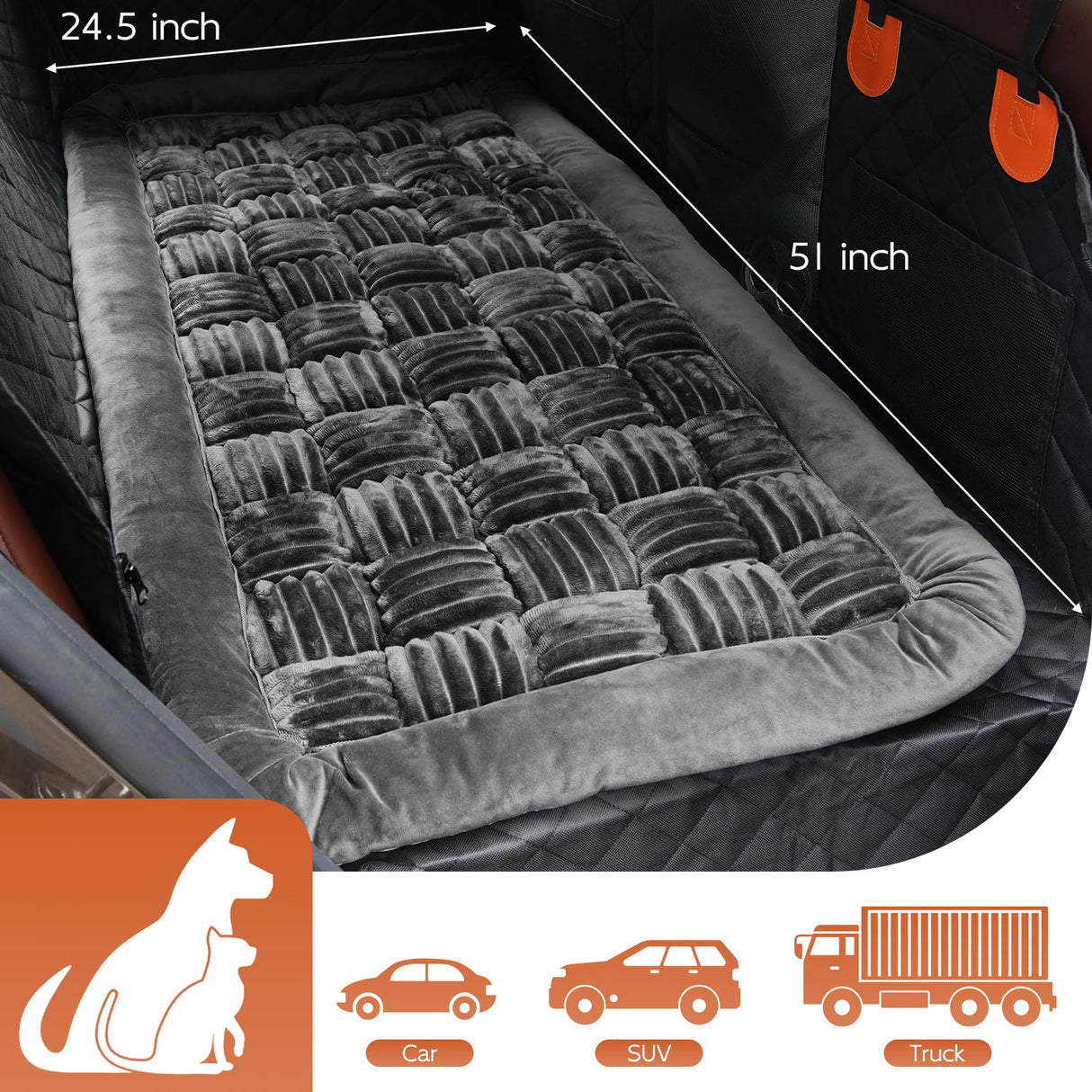 Tranquitas Backseat Pet Bed Mat, Dog Bed for Cars, Fit for Backseat Extenders, Car Seat Protector, Nonslip Soft Durable for Cars (Dark Gray, 24.5" x 51")