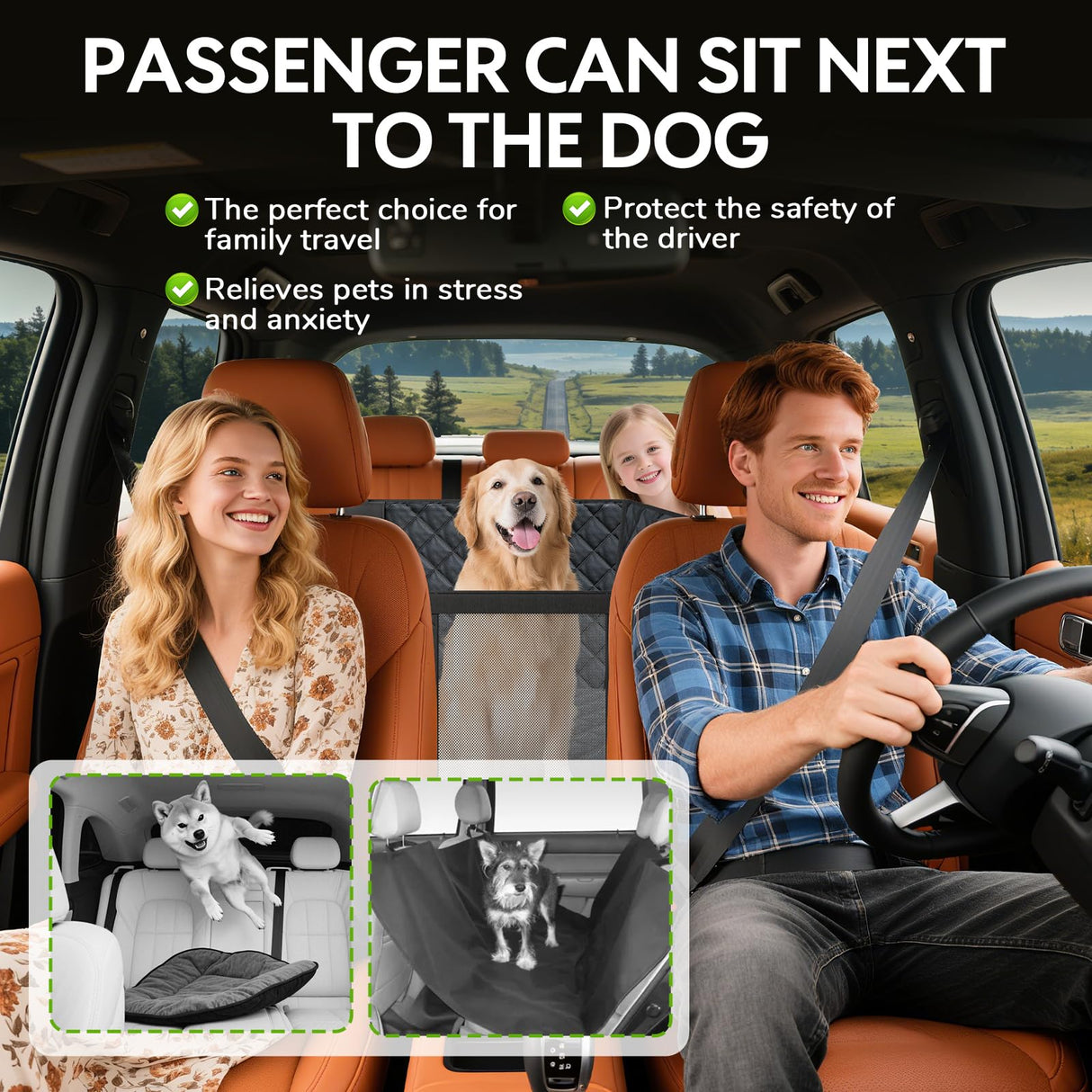 dessports Large PU Dog Car Seat - Waterproof Dog Back Seat Cover with 3 Mesh Windows - Hard Bottom Extender, Safety Belt, Non-Slip Hammock for SUV, Truck, Car